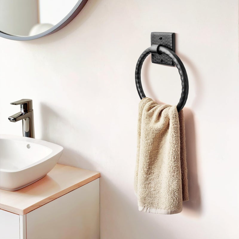 Monarch Abode Bathroom Towel Holder â€“ 7-Inch Round Matte Black Bathroom Hand Towel Holder for Bathrooms Wall, Metal Hand Hammered Towels Ring Wall Mount, Traditional Surface-Mounted Ring Hanger - Image 4